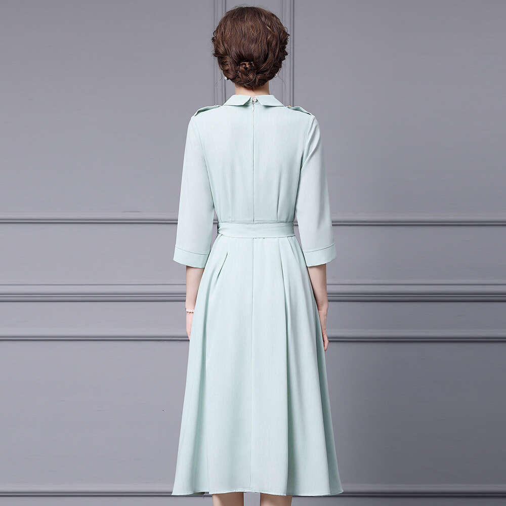French high-end shirt collar dress with three quarter sleeves and waist belt pear shaped figure big swing skirt autumn new style