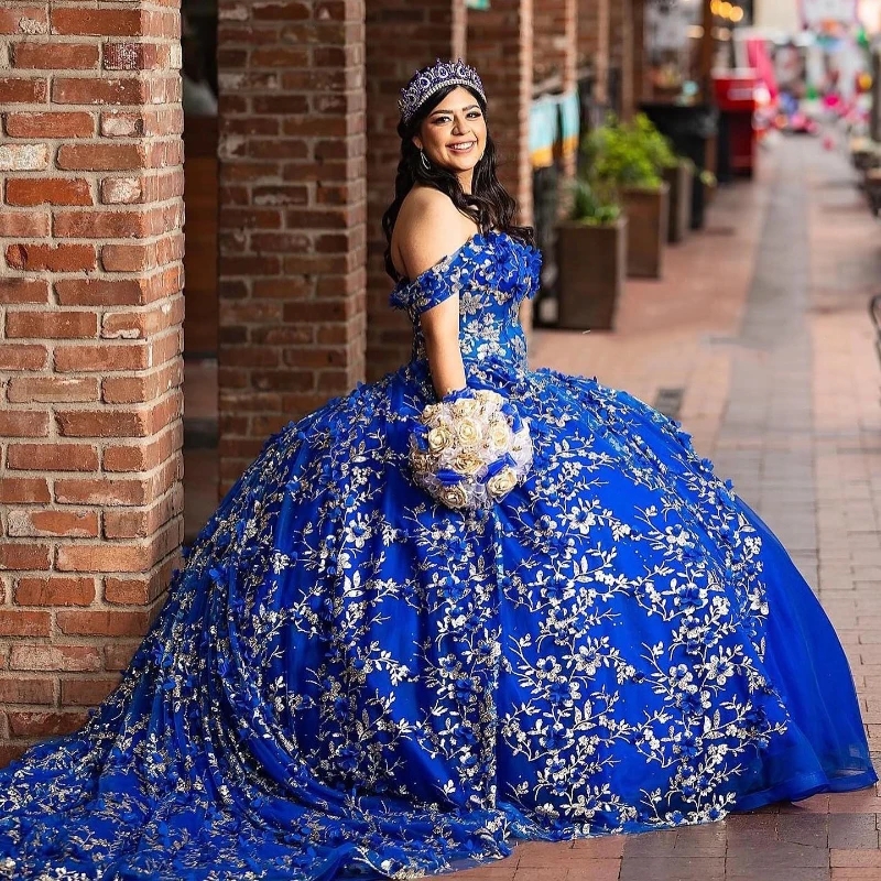Royal Blue Quinceanera Dresses Ball Gown Puffy Vestidos De 15 Anos Sequined Gold Applique Lace Tull Party Birthday Sweet 16 Dress
