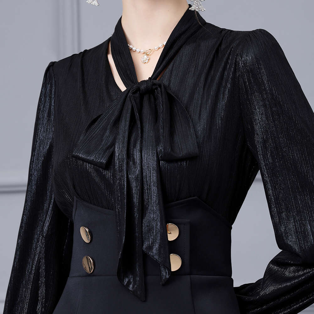 autumn fashion outfit high waist slimming elegant temperament feminine black patchwork dress 2024 new item