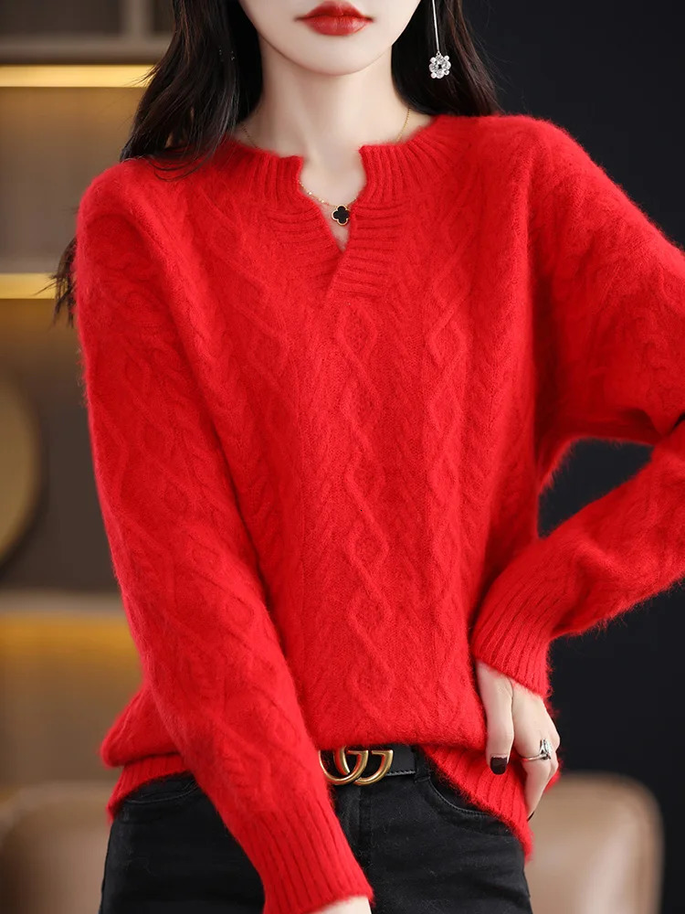 100% pure mink cashmere sweater for women V-neck thick knitted floral fashion jacquard plus size jacket autumn clothing 241011