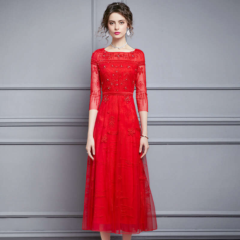 light mature style 2024 autumn new high-end nail bead embroidery slimming long party dress