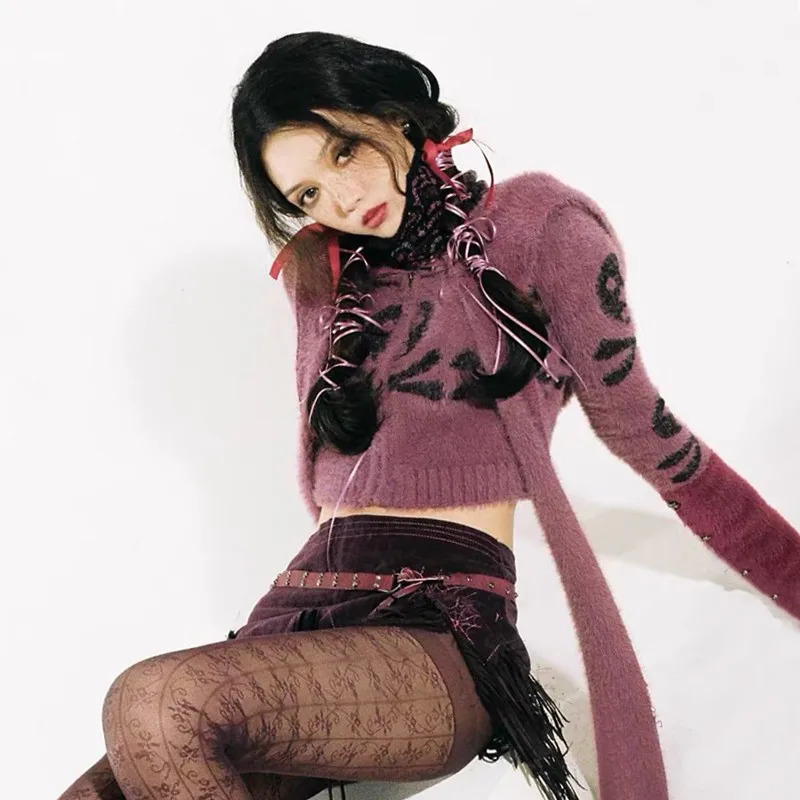 Karrcat Grunge Aesthetics Cropped Cardigan Vintage Y2k Hooded Knitted Sweater Gothic Skull Embroidery Knitwear Punk Style Emo 241007