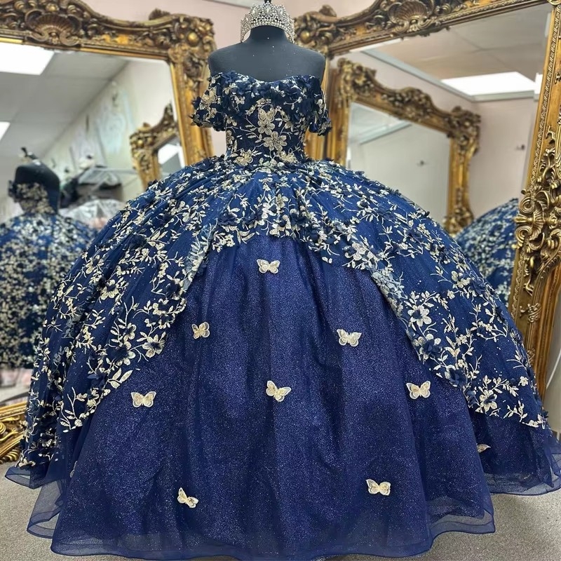 Navy Blue Shiny Quinceanera Dresses Ball Gown Sequin Gold Applique Lace Bow Tull Graduation Sweet 16 Dress Vestidos 15 De Xv Anos