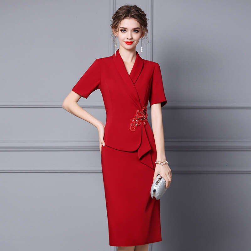 suit collar dress summer 2024 new high-end style embroidered bead wine red wrap skirt for children