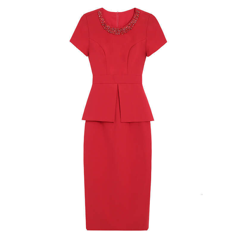 high-end summer dress with a light mature style nail drill waist cinching and slimming red dress 2024 new style