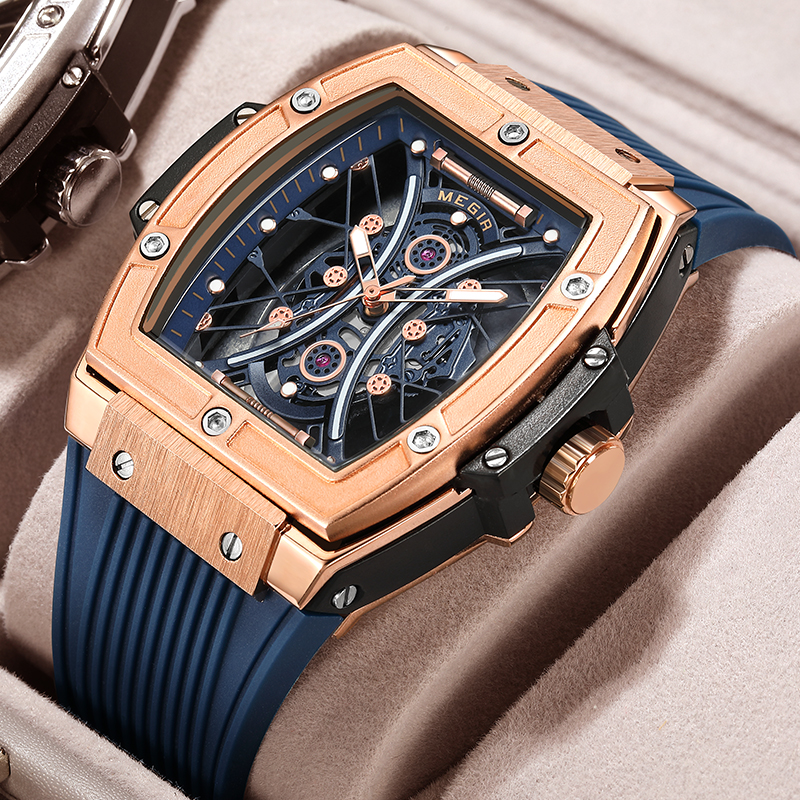 MEGIR 8109 Men's Quartz Watch Blue Rose Gold Reaction Fashion Cool Simulation Display Sports Silicone Strap Men's Gift Watch