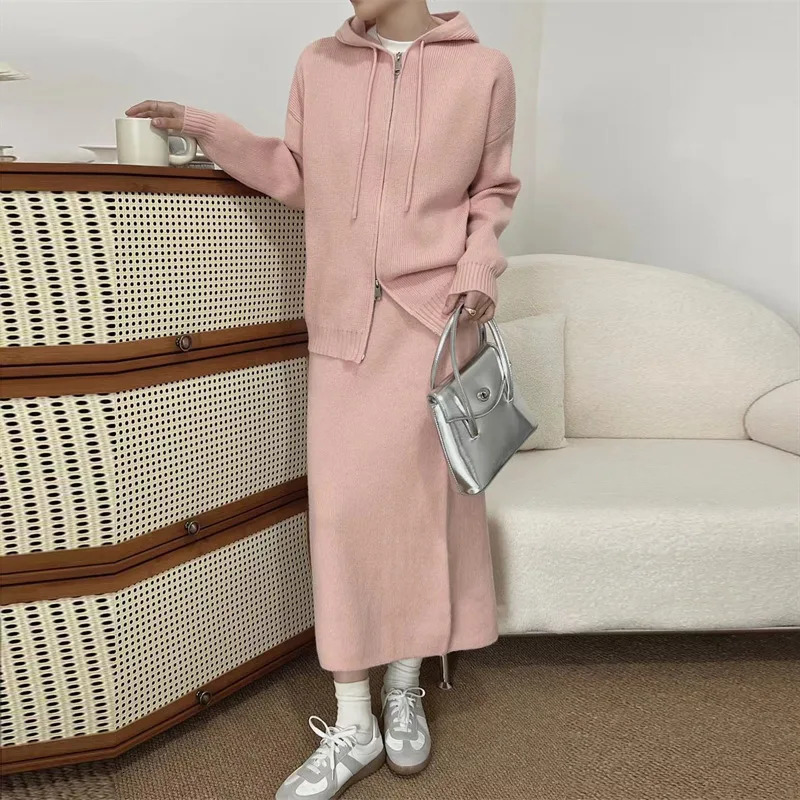 Korean Lazy Style Womens Knitted Sweater Casual Set Autumn Winter Hooded Zipper cardigan Top Knitted Long Skirt Two Piece Set 241011