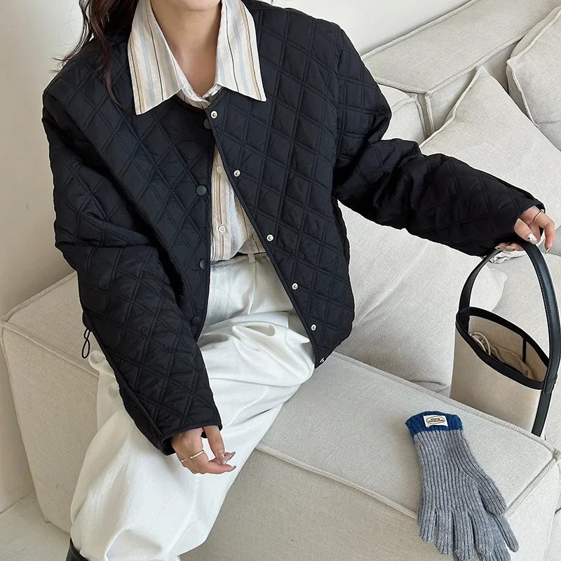 Autumn and winter womens light cotton coat short Korean style round neck diamond check jacket for women 240930