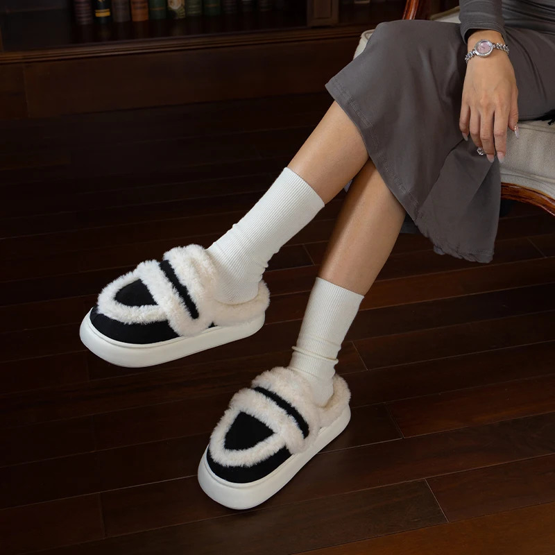 Comwarm plush womens soft slider winter fur fuzzy soft fluffy collar comfortable slider indoor fur artificial fur warm house slider 241007