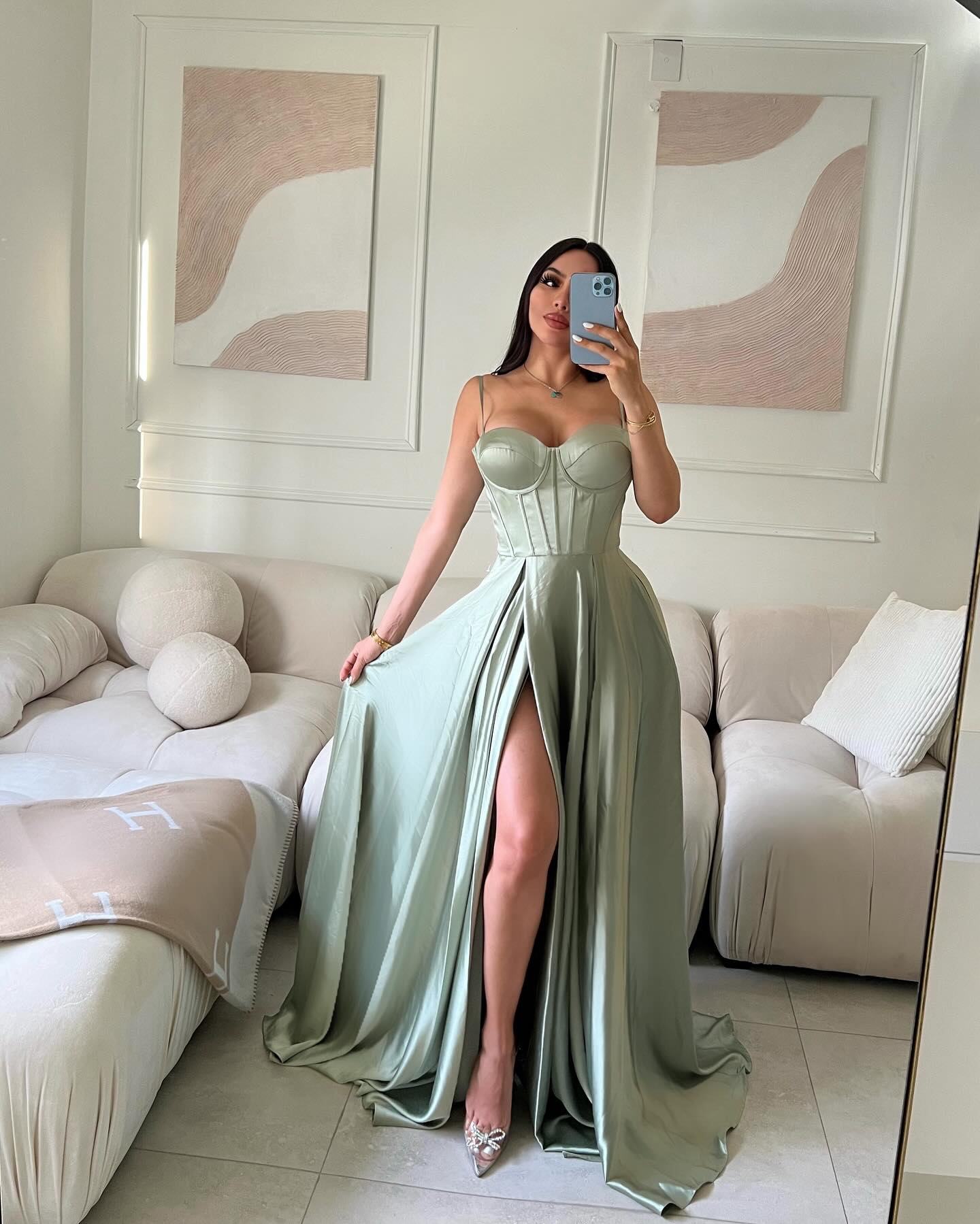 Sexy Sage Prom Dress A E Bone Bodice Spaghetti Evening Dresses Satin Thing Split Backless Beauty Women Formal Gown