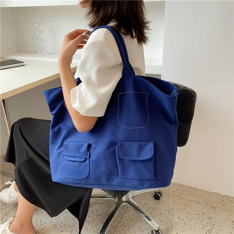 Korean womens canvas handbag INS pocket yellow shoulder shopping bag soft cotton womens handbag 241008