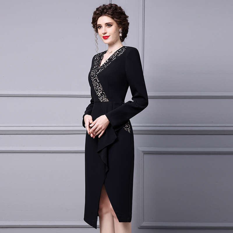 Noble Dress Lady Kuais 2024 Autumn New Black Lace Irregular Slimming Skirt with Hip Wrap