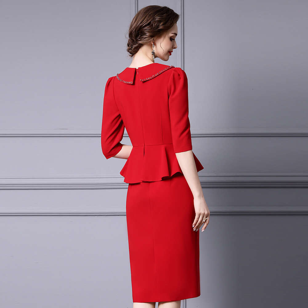 Smart elegant and dignified dress with nail drill large lapel ruffle edge splicing hip hugging skirt 2024 summer new item