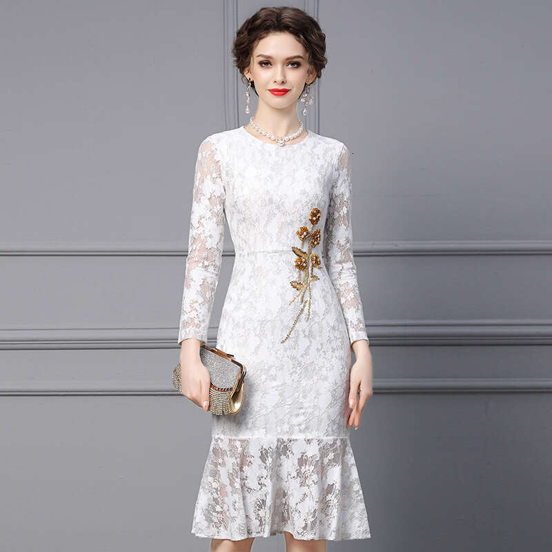 white dress 2024 new womens autumn style high-end lace nail drill slim fit mid length fish tail skirt