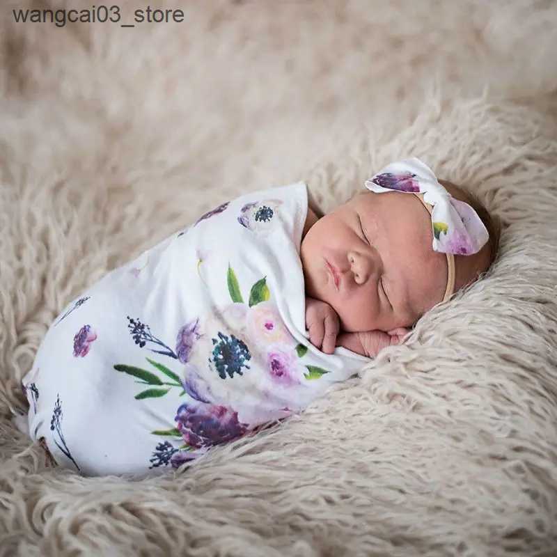 Blankets Swaddling Newborn Photography Prop Baby Blankets Printed Infant Boys Girls Sleeping Swaddle Muslin Wrap +Headband 2PCS L240910