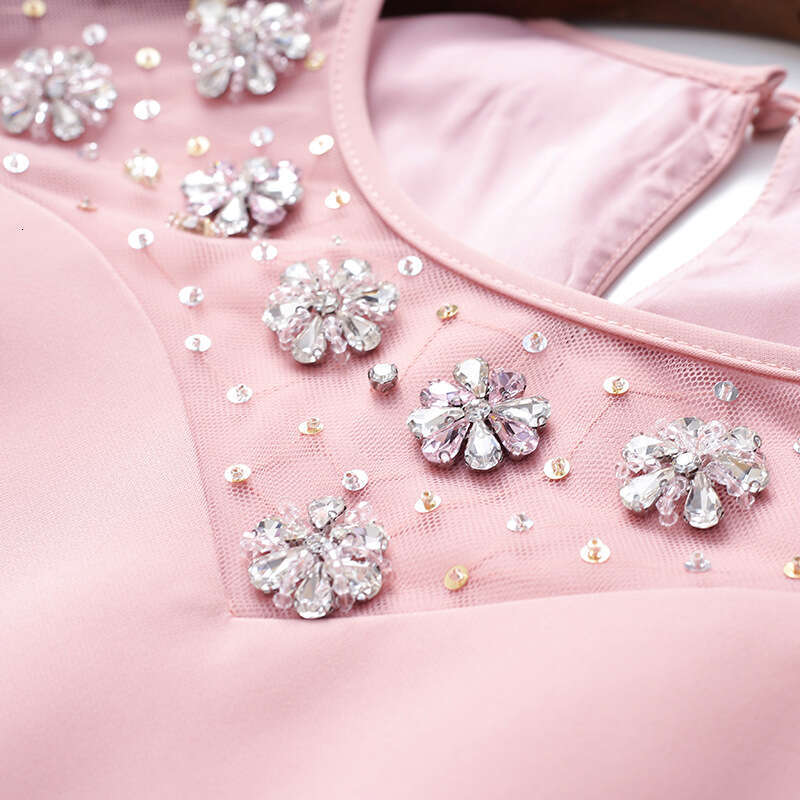 petite dress 2024 new womens summer pink nail diamond cover belly slimming A-line skirt short