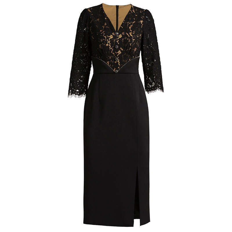 French Dress 2024 New Womens Autumn Formal Occasion Lace Splicing Waist slimming Bag Hip Skirt