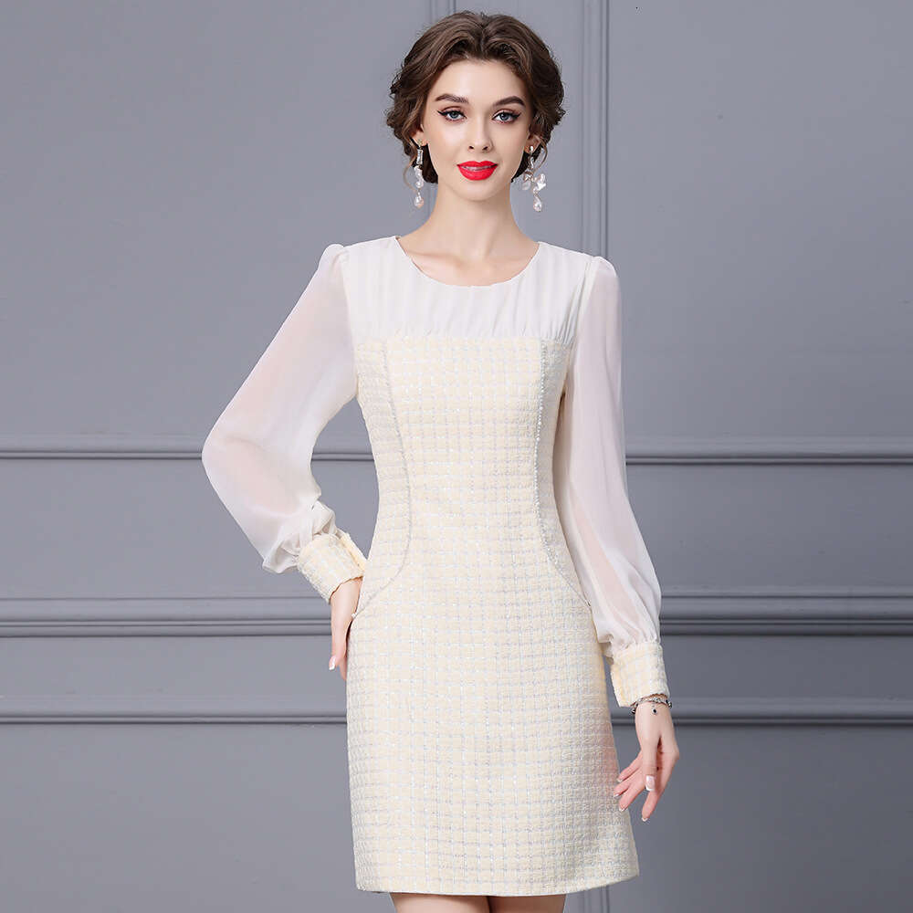 long sleeved nail bead patchwork apricot gentle ladylike style dress autumn wealthy heiress 2024 new item for women