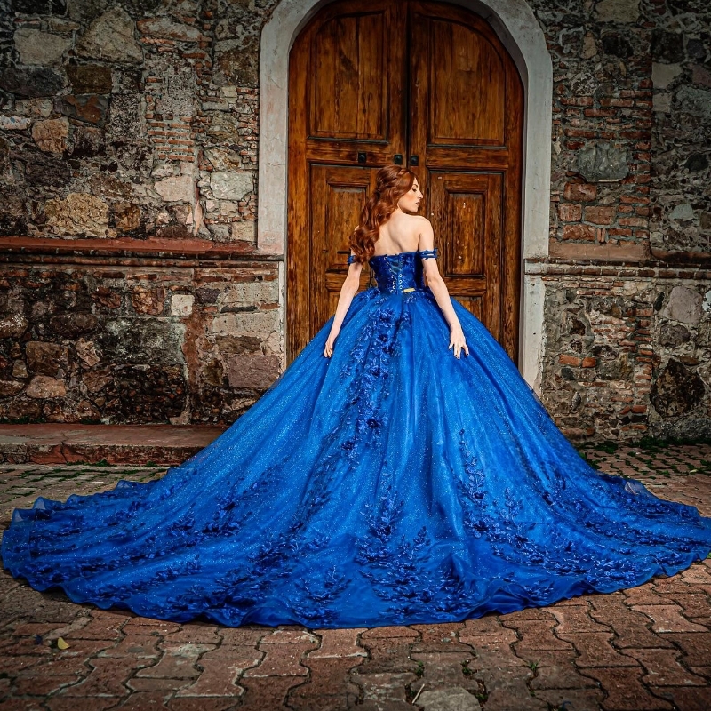 Royal Blue Sweetheart Quinceanera Dresses Ball Gown Off The Shoulder Beaded Lace Appliques Tull Vestidos De 15 Anos Sweet 16 Dress