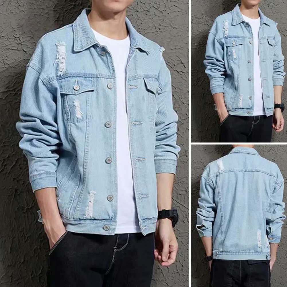 Denim jacket hooded mens fashionable motorcycle jeans mens leather cover cotton casual black blue denim jacket mens outerwear W241011