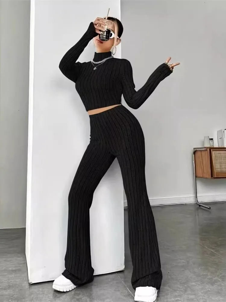 Spring Womens Fashion Knitted Long Sleeve High Collar Set Sexy Waist Hoodie Loose Pants Two Piece 241008