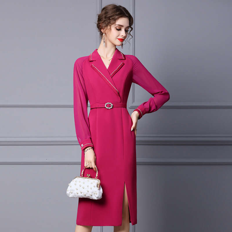 Purple Red Dress 2024 New Womens Autumn Suit Collar Long Sleeve Bundle Belt Concealing Meat Medium Length Skirt