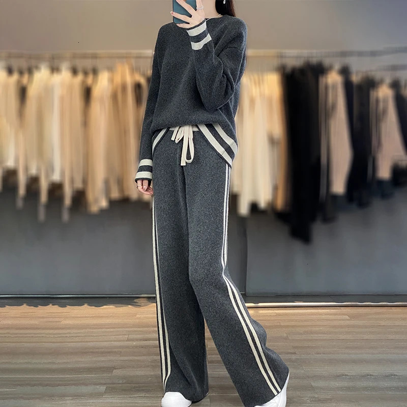 100% Merino wool set autumn and winter two-piece set womens round neck floral casual high waisted mens set 241010