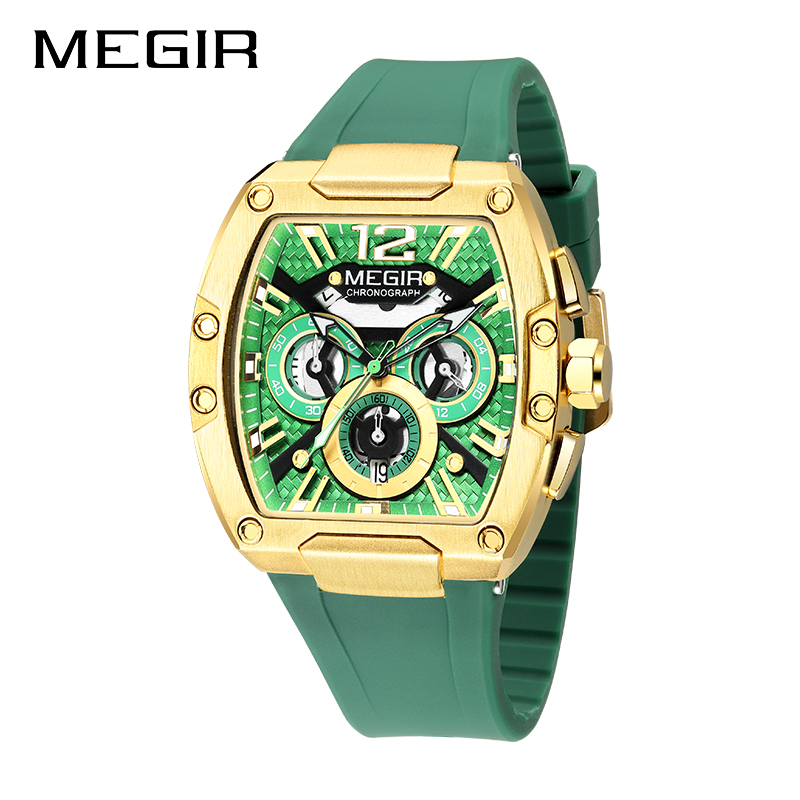 MEGIR 8112 Quartz Watch Fashion Creative Night Light Date Chronograph Simulation Display Green Silicone Strap Men's Watch