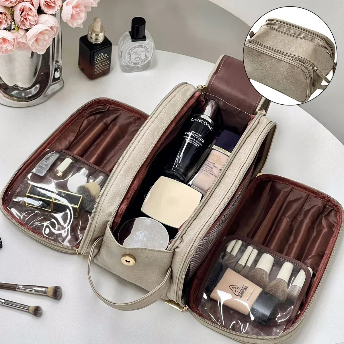 Womens Multi functional Makeup Bag PU Leather Large Capacity Portable Double Zipper Travel Makeup Brush Toilet Storage Bag 241007