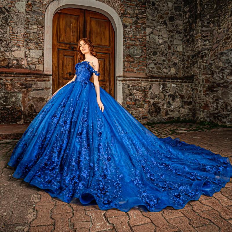 Royal Blue Sweetheart Quinceanera Dresses Ball Gown Off The Shoulder Beaded Lace Appliques Tull Vestidos De 15 Anos Sweet 16 Dress