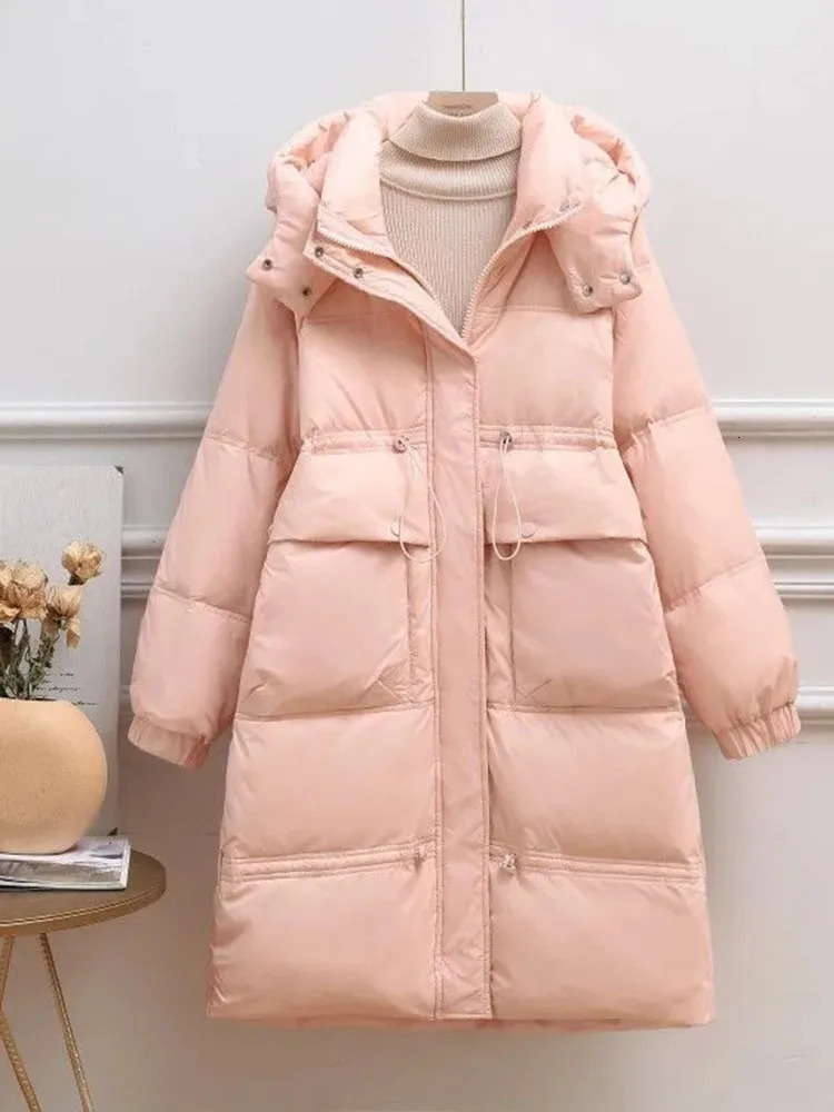 Womens winter hoodie long coat plus size thick loose pockets Parkas waist brushed Jaqueta Puffer Korean cold coat 241007