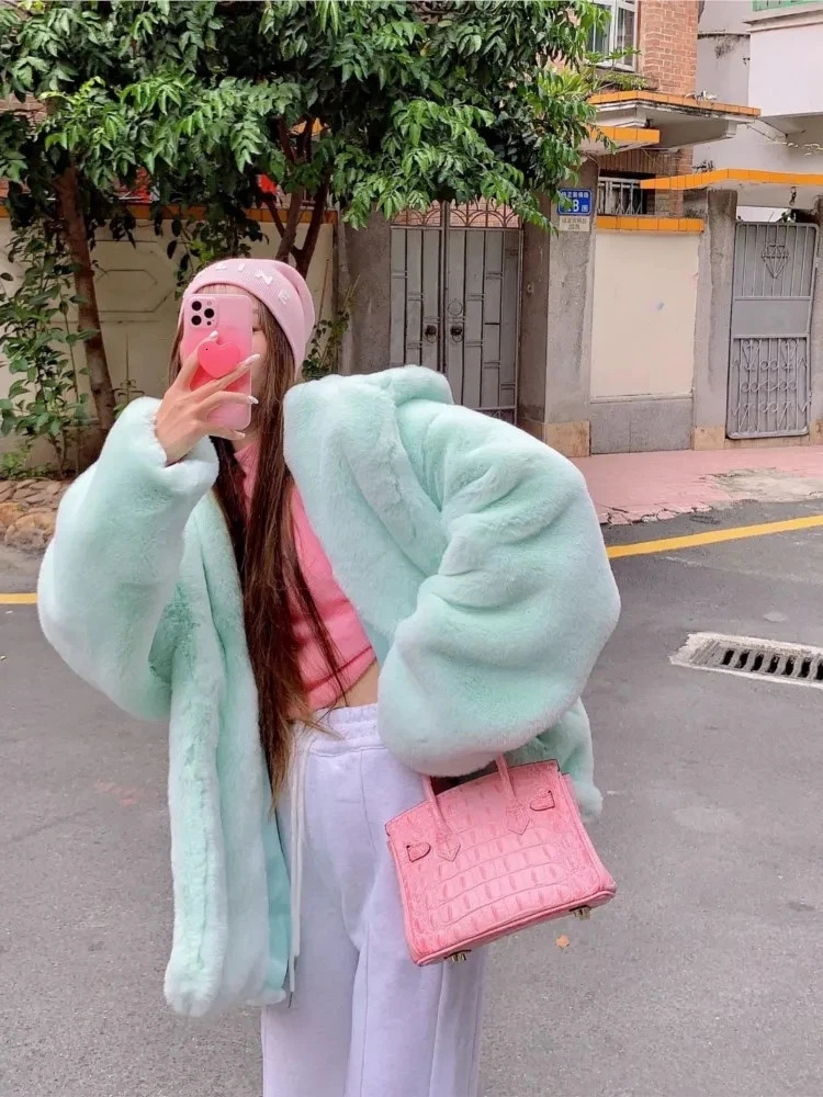 Sweet Pink Fur Coats Womens Winter Thick Warm Street Clothing Korean Street Hoodie Fashion Plush Jacket Coat 241007