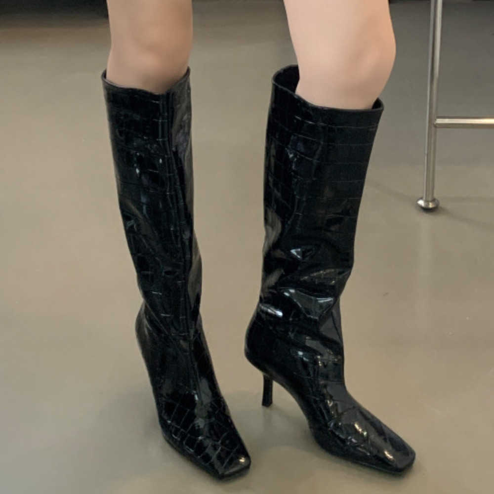 Crocodile Patterned Fashion Boots Square Toe High-heeled Long Martin Boots For Women Autumn Winter Knee Knight Boots Slim Heels Boots 240826