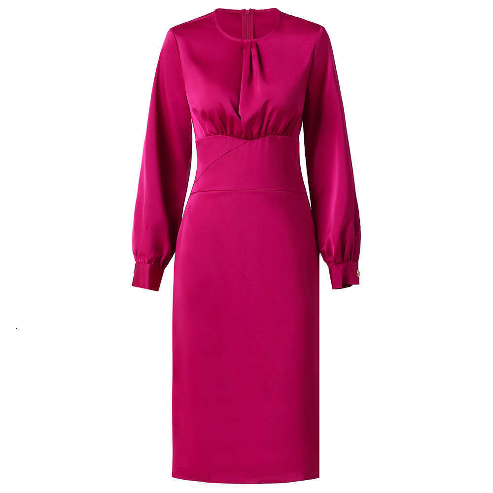Smart intellectual elegant style 2024 autumn new item high-end feeling rose red temperament waist cinching and slimming long sleeved dress