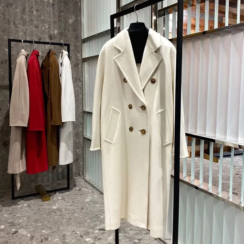 101801 90 Wool 10 Cashmere Coat Womens Medium Long Classic Double Row Button 240930