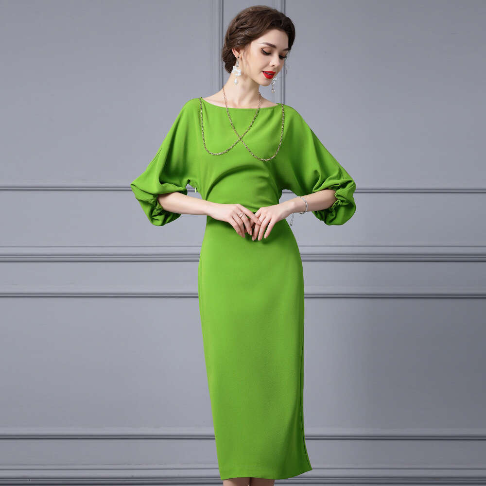 High end Light Luxury 2024 New Womens Autumn Banquet One neck Bat Sleeve Long Dress Skirt