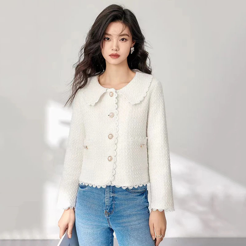 Autumn coarse tweed short sleeved womens jacket Autumn Korean sweet lace patchwork woven jacket Winter thick warm elegant office womens jacket 240930