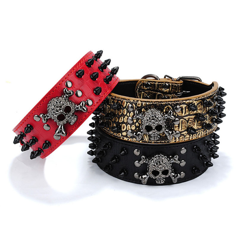 Dog Collar 3 Rows Bullet Rivets Studded PU Leather - Cool Skull Pet Accessories for Medium and Large Dogs