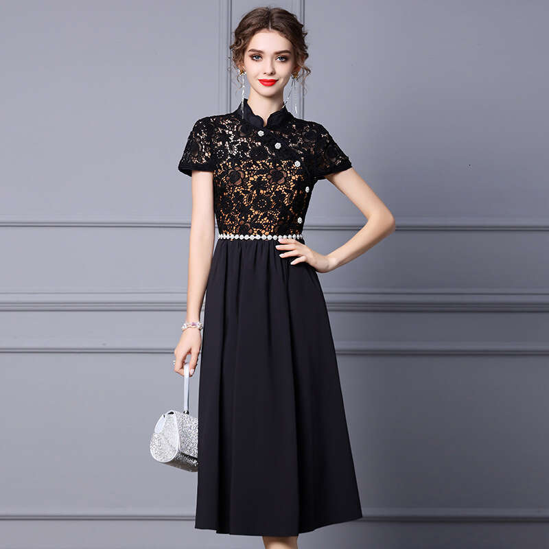 Smart and gentle style dress with lace temperament long short sleeved A-line dress 2024 summer new collection