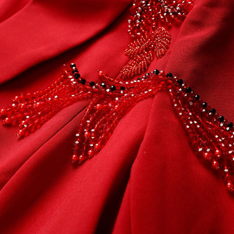 Red Dress Autumn 2024 New Style Suit Collar Handmade Nail Bead Formal Occasion Long Sleeve Hip Wrapping Skirt