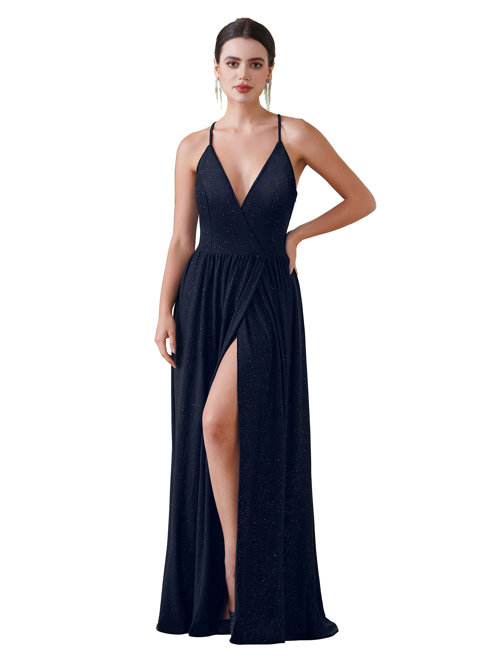 Dark blue A-Line With Solid Dresses Slit Sexy V Neck Tank Sleeve Lace up Evening Party Elastic Waist Simple Style Long Prom Dresses Draped Dress Gowns