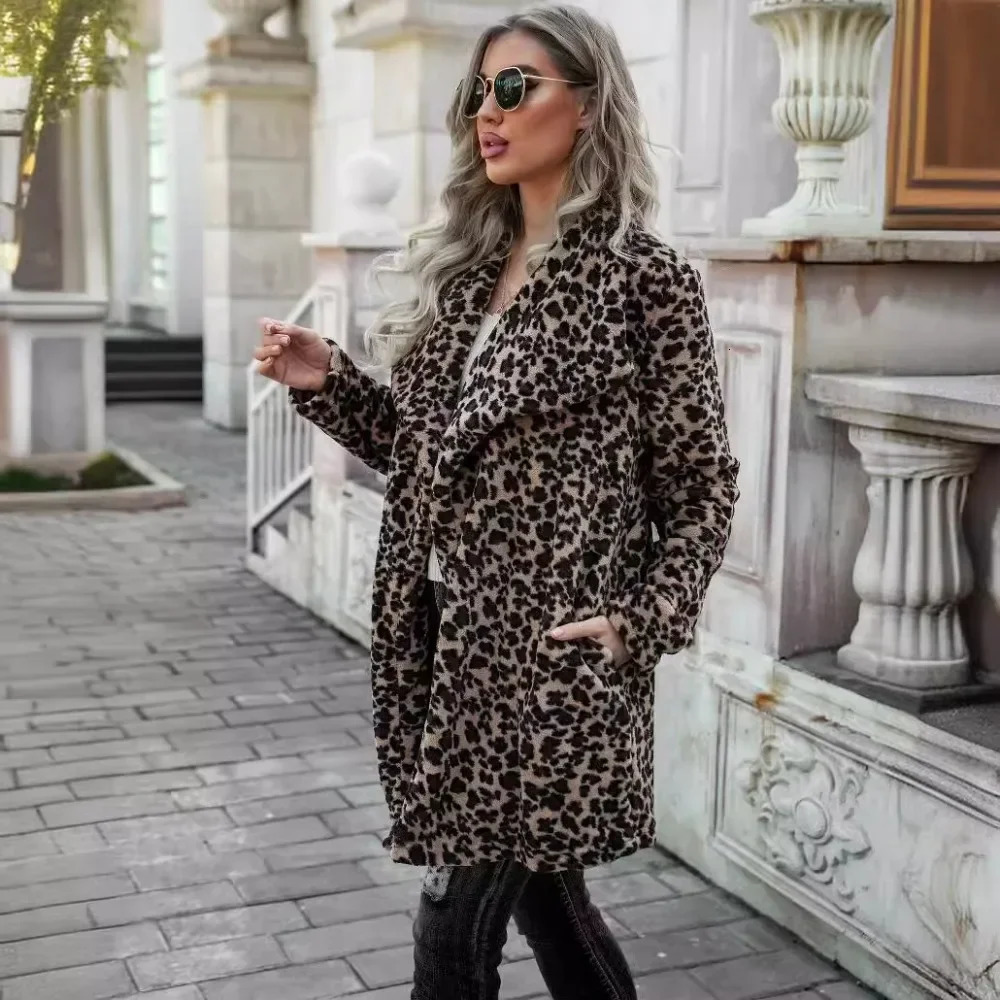 Leopard Print wool coat medium length jacket comfortable streetwear womens fashionable casual long sleeved autumn and winter 241007