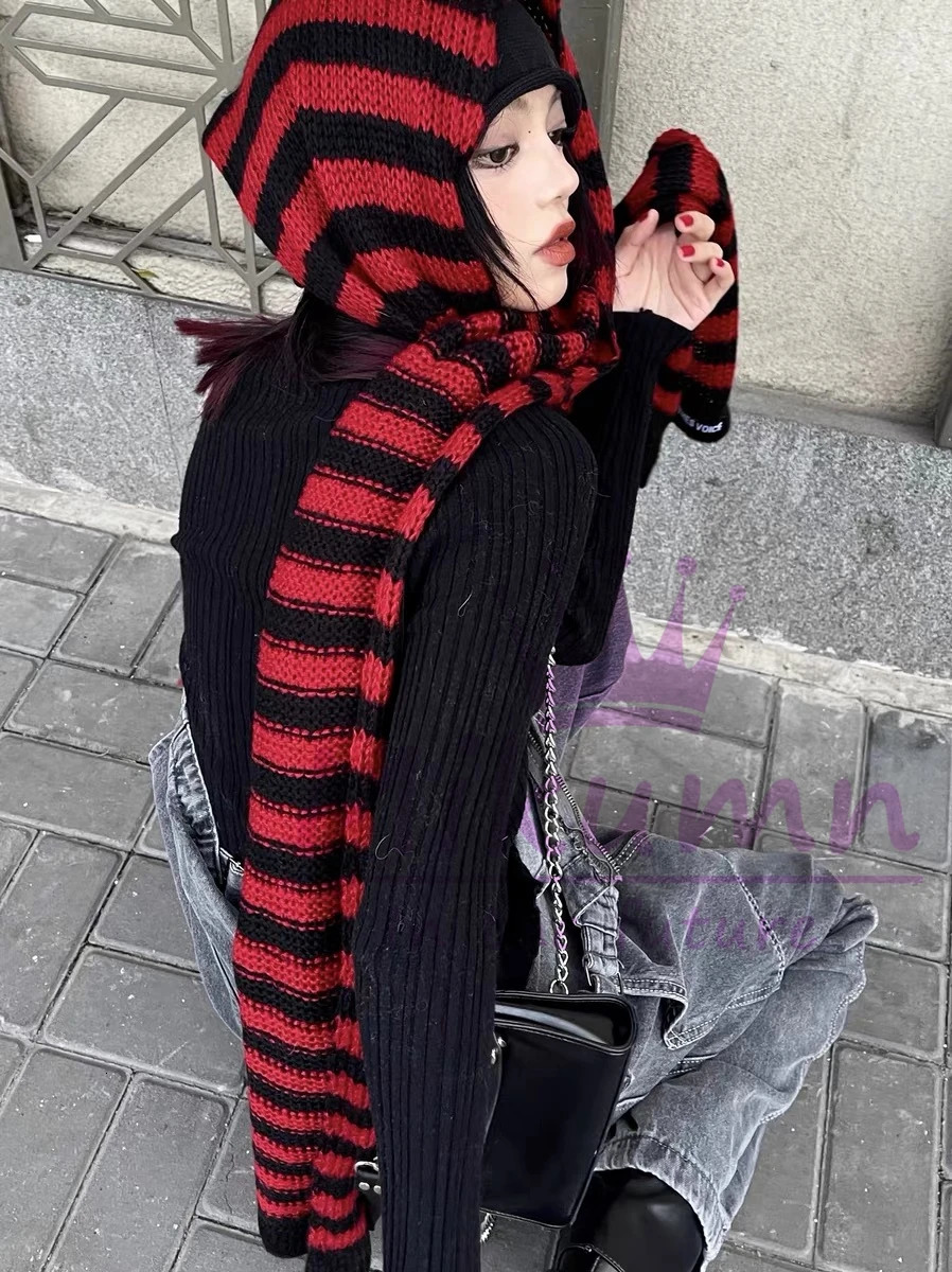Mikumn Harajuku Punk Fashion Grey Red Black Striped Scarf Women Girl Winter Warm Knitted Scarves Streetwear 241009