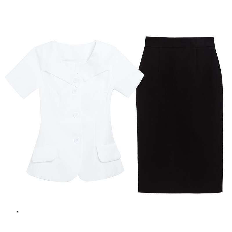two-piece fashion set age reducing white V-neck top black hip hugging skirt 2024 summer new item