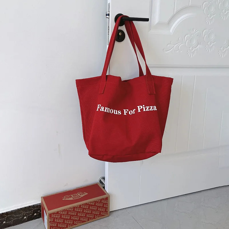 Red Large Capacity Letter Canvas Bag Korean Edition Womens Simple Solid Handbag Leisure Commuting Shopping Bag 241008