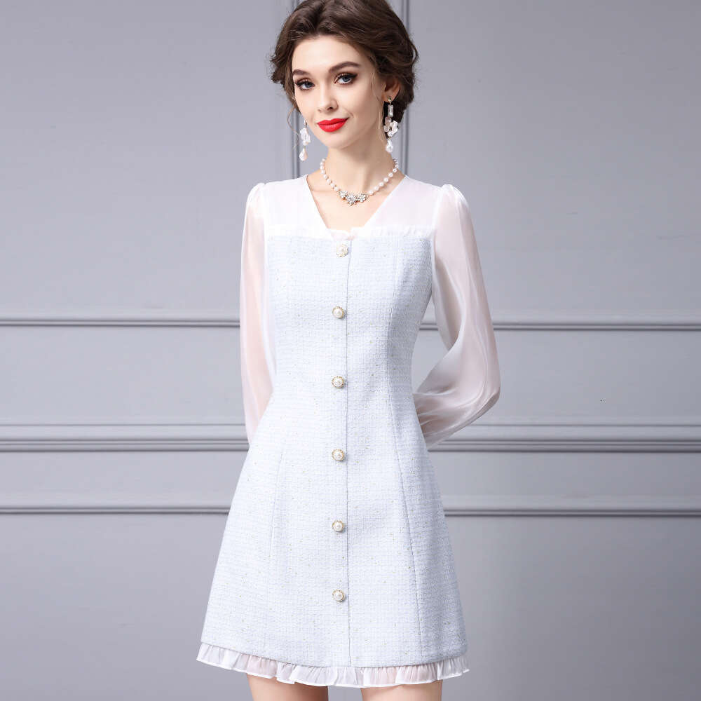 socialite lady style dress 2024 new V-neck bright silk long sleeved patchwork small chunky tweed skirt