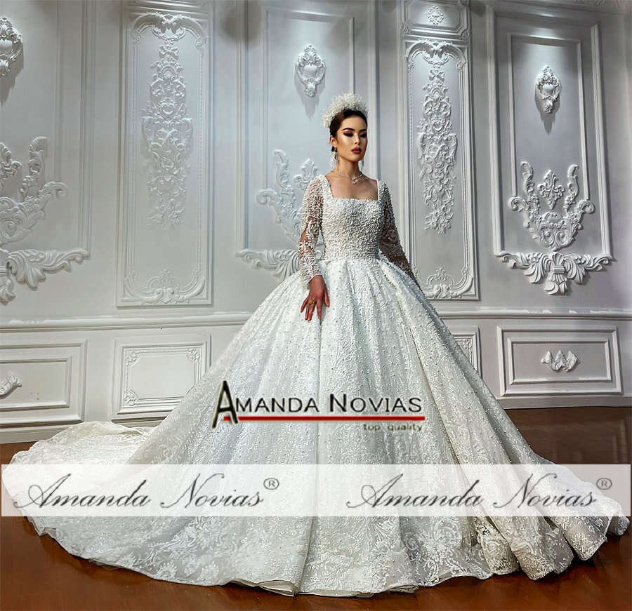 Off White Bridal Wedding Dress Long Sleeve Lace Appliqued