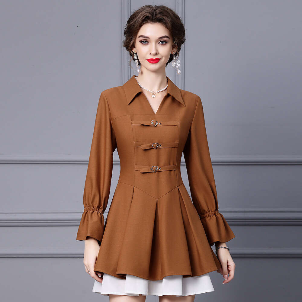 Autumn Horn Sleeve Shirt Skirt 2024 New Style Fake Two Small High Quality Mature A-line Dress