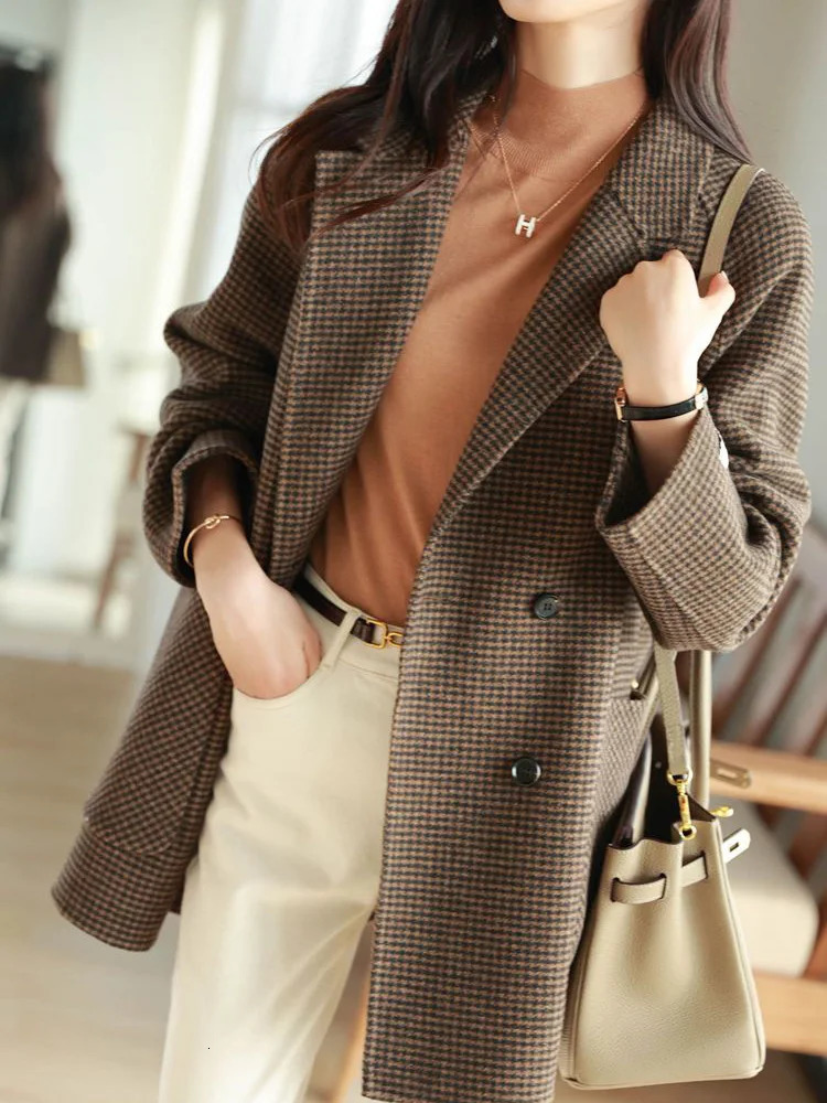 Office Warm Woolen Plaid Suits Coat Fall Winter Mid Length Women Loose Parkas Jackets Oversize Vintage Thick Wool Blend Casaco 241008