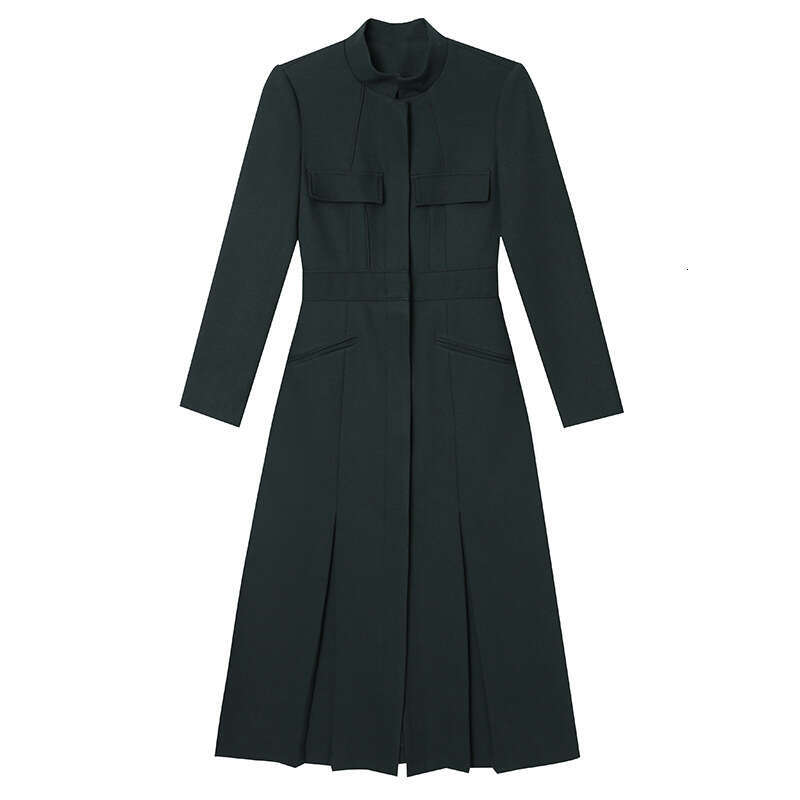 Thickened Autumn Dress 2024 Womens New High end Green Stand up Collar Waist cinching Skinny Long Coat Skirt